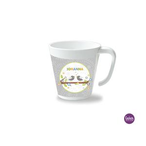 Kinderbecher mit Henkel, Vögel  | Henkelbecher groß, 325 ml,  Ø 9,7 cm, Höhe 10 cm | Artikelnummer: henkvoemint -1