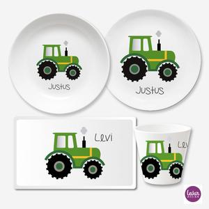 Kindergeschirr Set mit Namen personalisiert, Traktor - 4 teilig  | Melamingeschirr BPA frei, hergestellt in Deutschland  | Artikelnummer: 5252-3874-7084