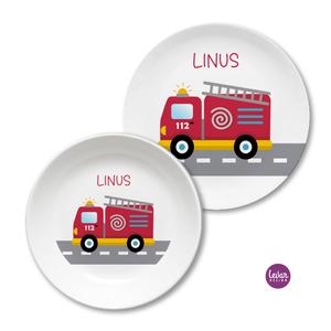 Kindergeschirr mit Namen personalisiert, Feuerwehr | Melaminteller BPA frei und hergestellt in Deutschland | Artikelnummer: 5474-8075-2762