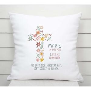 Kommunion | Taufe | Blumenkreuz | Geschenk für Kinder | Kissen personalisiert | Weiches Kissen zur Kommunion mit Füllung  | Artikelnummer: 8085-0160-318678