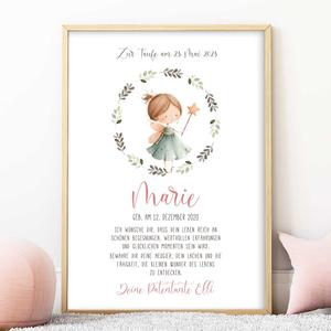 Personalisierter Patenbrief - Fee | Fineart - Kunstdruck mit Namen und Geburtsdaten | Artikelnummer: 2331-7240-105897