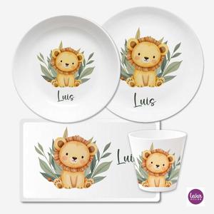 Kindergeschirr Set mit Namen personalisiert, Löwe | Geschirrset aus Melamin und BPA frei, hergestellt in Deutschland | Artikelnummer: 7806-6386-7166