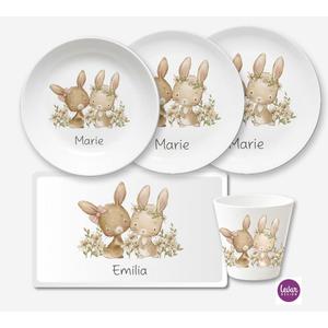 Hasen Kindergeschirr Set personalisiert | Geschirrset aus Melamin und BPA frei für Kinder | Artikelnummer: 0057-0651-8718