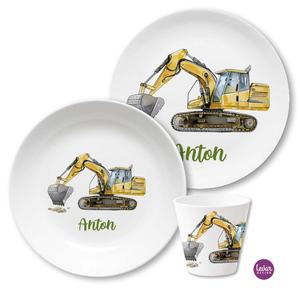 Bagger Bauarbeiter Kindergeschirr Set  | Kinderteller, Trinkbecher mit Namen aus Melamin BPA frei | Artikelnummer: kigluepilz