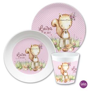 Kindergeschirr Eichhörnchen | Kinderteller, Trinkbecher mit Namen aus Melamin BPA frei | Artikelnummer: 158789