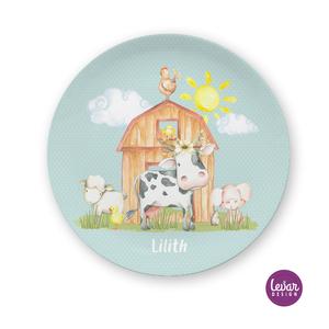 Kinderteller Bauernhof Kuh | Großer Teller aus Melamin  | Artikelnummer: kitean2018