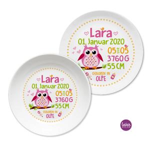 Personalisierter Geburtsteller – Taufgeschenk – Eule | Kinderteller, Becher mit Geburtsdaten aus Melamin BPA frei | Artikelnummer: 110145111