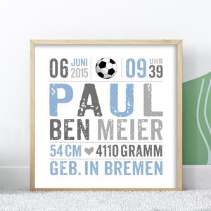 Geburtsanzeige, Namensbild, Fussball | Poster personalisiert mit Geburtsdaten | Artikelnummer: 6828-5381-8362