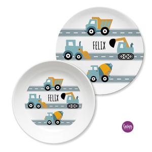 Kinderteller Geschirrset Autos | Personalisiertes Kindergeschirr aus Melamin, 2 teilig | Artikelnummer: 5842-6553-4845