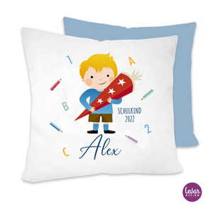 Schulkind Kissen für Jungs | Weiches Kissen mit Namen personalsiert | Artikelnummer: 6105-1650-3783