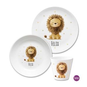 Kindergeschirr Set mit Namen personalisiert, Löwe | Kinderteller, Trinkbecher mit Namen aus Melamin BPA frei | Artikelnummer: ki3setanker