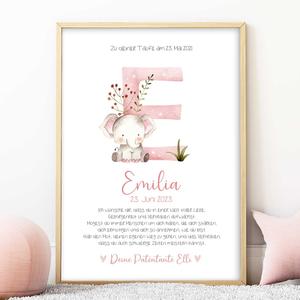Patenbrief mit Namen - Buchstabe Elefant | Fineart - Kunstdruck mit Namen und Geburtsdaten | Artikelnummer: 2331-7240-105893