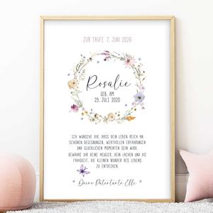 Personalisierter Patenbrief zur Taufe mit Namen - Blumenkranz | Fineart - Kunstdruck mit Namen und Geburtsdaten | Artikelnummer: 2331-7240-105891