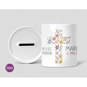 Spardose Blumenkreuz zur Kommunion  | Personalisierte Spardose mit Wunschnamen für Mädchen | Artikelnummer: 121337 112