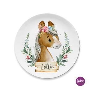 Personalisierter Kinderteller Pony | Teller mit Namen aus Melamin | Artikelnummer: kiteleul