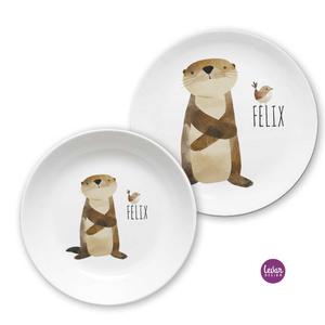 Geschirrset Kinderteller Otter | Personalisiertes Kindergeschirr aus Melamin, 2 teilig, BPA frei | Artikelnummer: 7101-3611-1088