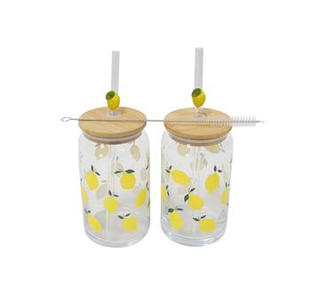 Trinkglas "Zitrone" mit Glashalm 2er Set