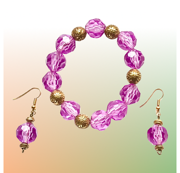 Set Armband+Ohrringe Hängeohrringe Jugendstil aus pinken, goldenen Kunststoff Perlen an Kupferdraht |  | Artikelnummer: 124