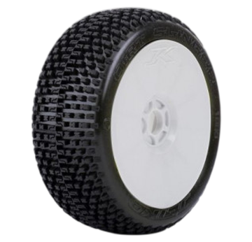 Jetko Dirt Slinger Soft verklebt auf Felge Revo weiß 1:8 (2) | 1:8 Buggy Reifen  | Artikelnummer:  JK1005SRW