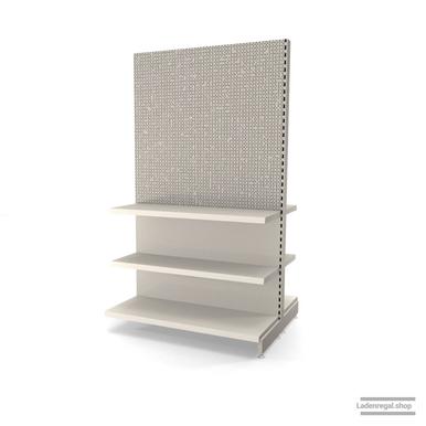 Ihr Gondelregal mit Lochrückwand | H 210 cm | B 125 cm | T 2x 47 cm | 4 FB T 37 cm  | RAL 9001 | Artikelnummer: AFGR-125-210-47-4-37-LRW-J