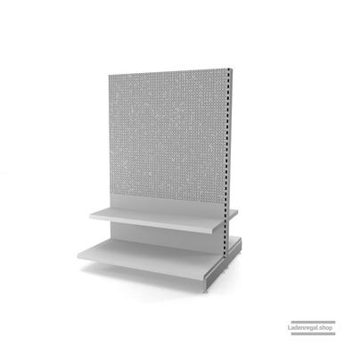 Ihr Gondelregal mit Lochrückwand | H 180 cm | B 125 cm | T 2x 57 cm | 2 FB T 37 cm  | RAL 7035 | Artikelnummer: AFGR-125-180-57-2-37-LRW-L