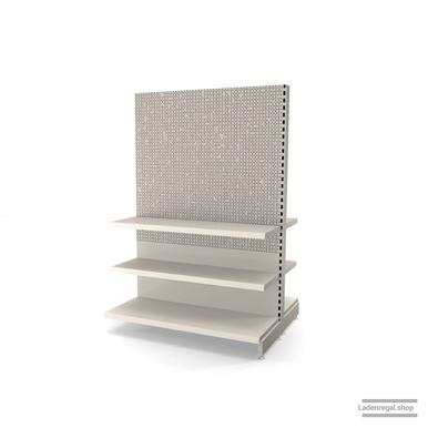 Ihr Gondelregal mit Lochrückwand | H 180 cm | B 125 cm | T 2x 47 cm | 4 FB T 37 cm  | RAL 9001 | Artikelnummer: AFGR-125-180-47-4-37-LRW-J