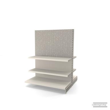 Ihr Gondelregal mit Lochrückwand | H 160 cm | B 125 cm | T 2x 57 cm | 4 FB T 37 cm  | RAL 9001 | Artikelnummer: AFGR-125-160-57-4-37-LRW-J