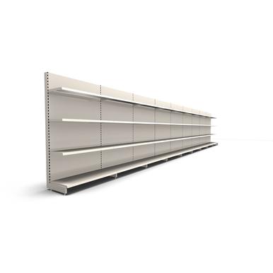 10 m Verkaufsregal mit Fachböden | H 210 cm | B 10 m | T 47 cm | 3 FB T 37 cm | RAL 9001 | Artikelnummer: SR-125-210-47-3-37-WR-L10-J