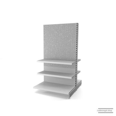 Ihr Gondelregal mit Lochrückwand | H 180 cm | B 100 cm | T 2x 57 cm | 4 FB T 37 cm  | RAL 7035 | Artikelnummer: AFGR-100-180-57-4-37-LRW-L