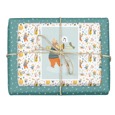 Kinder-Geschenkpapier: Musik-Instrumente/ Noten mit lustigen Tieren |  | Artikelnummer: 4260615913386