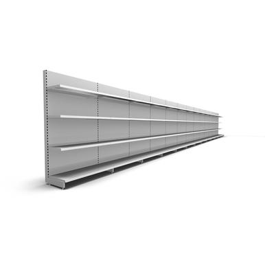 Supermarktregal | H 210 cm | B 15 m | T 47 cm | 12x3 FB T 37 cm | RAL 7035 | Artikelnummer: SR-125-210-47-3-37-WR-L15-L