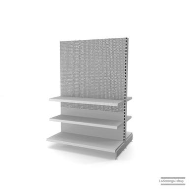 Ihr Gondelregal mit Lochrückwand | H 180 cm | B 125 cm | T 2x 47 cm | 4 FB T 37 cm  | RAL 7035 | Artikelnummer: AFGR-125-180-47-4-37-LRW-L
