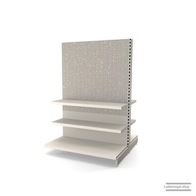 Ihr Gondelregal mit Lochrückwand | H 180 cm | B 125 cm | T 2x 57 cm | 4 FB T 37 cm  | RAL 9001 | Artikelnummer: AFGR-125-180-57-4-37-LRW-J