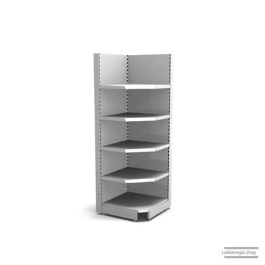 Ihre Verkaufsregal-Innenecke | H 210 cm | B 74 cm | T 57 cm | 4 FB T 37 cm | RAL 7035 | Artikelnummer: SR-74-210-57-4-37-IEK-L