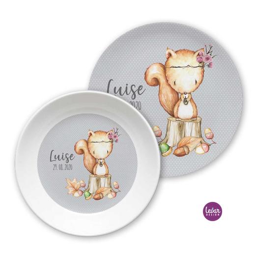 Kindergeschirr Set, Kinderteller Eichhörnchen | Geschirr für Kinder mit Namen aus Melamin BPA frei | Artikelnummer: 59618 -1