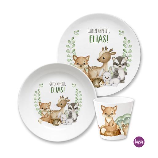 Personalisiertes Kindergeschirr Waldtiere | 3teiliges Set aus Melamin und BPA frei  | Artikelnummer: 5843-4656-1352