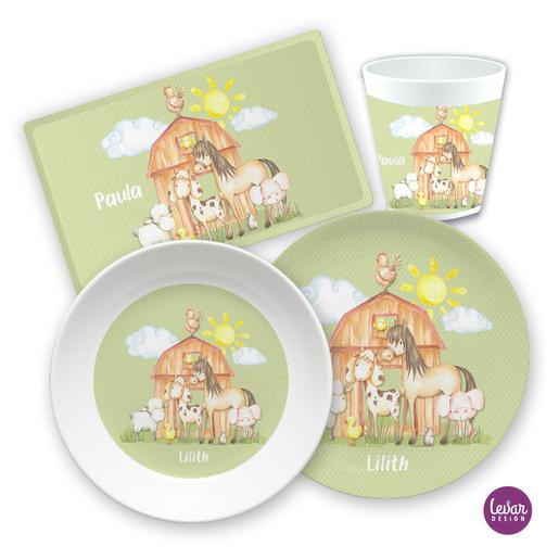 Kindergeschirr Set mit Namen personalisiert, Bauernhof- 4 teilig | Geschirrset aus Melamin und BPA frei, hergestellt in Deutschland | Artikelnummer: 1340-3466-1247