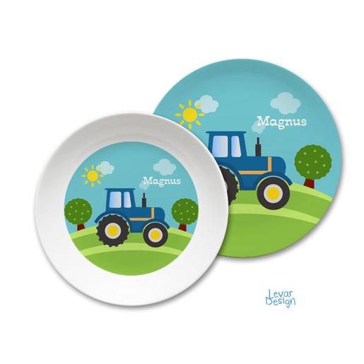 Kindergeschirr Traktor personalisiert | Levar Design  | Kinderteller mit Namen aus Melamin BPA frei | Artikelnummer: 117609595 -1