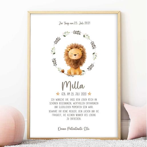 Personalisierter Patenbrief - Löwe | Fineart - Kunstdruck mit Namen und Geburtsdaten | Artikelnummer: 2331-7240-105900