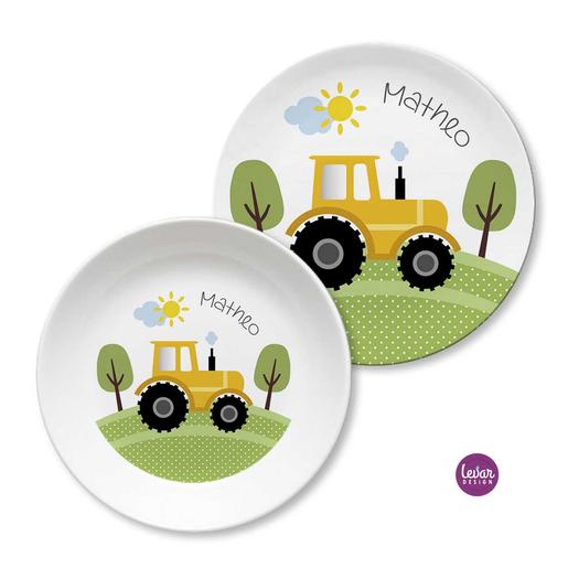 Kinderteller Geschirrset Traktor | Personalisiertes Kindergeschirr aus Melamin, 2 teilig | Artikelnummer: 7532-7603-1083 -4