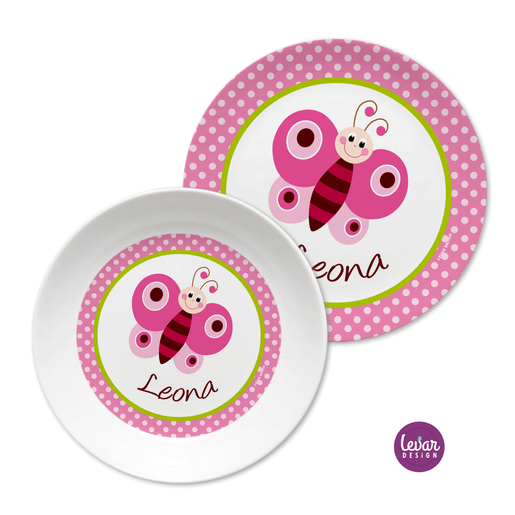 Kindergeschirr Schmetterling personalisiert | Levar Design  | Kinderteller mit Namen aus Melamin BPA frei | Artikelnummer: ki2set schmett