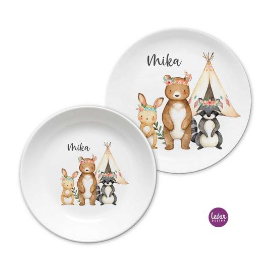 Kindergeschirr Set mit Namen, Waldtiere, Waschbär | Personalisiertes Kindergeschirr aus Melamin, 2 teilig | Artikelnummer: 3014-3866-1027