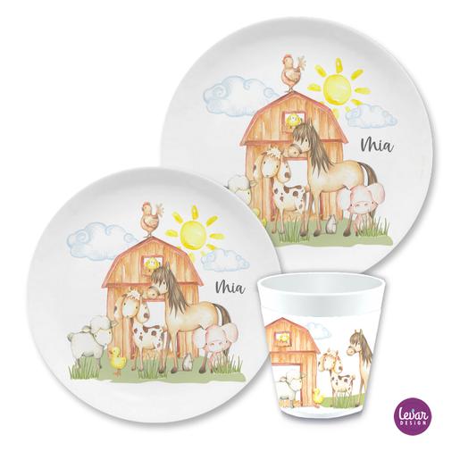Kindergeschirr Set Bauernhof - Farm Pferd | Personalisiertes Kindergeschirr aus Melamin, 3 teilig | Artikelnummer: 5416-0111-6703