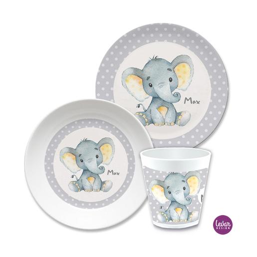 Kindergeschirr Set Elefant | Kinderteller, Trinkbecher mit Namen aus Melamin BPA frei | Artikelnummer: 0217-6724-5880 -1