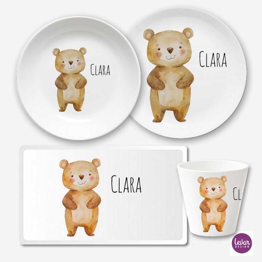 Kindergeschirr Set mit Namen personalisiert, Bär | 4 teiliges Geschirrset aus Melamin und BPA frei, hergestellt in Deutschland | Artikelnummer: 2454-5588-5230