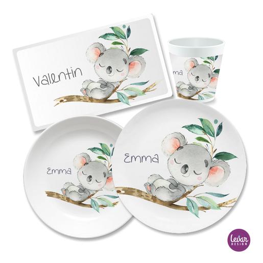 Kindergeschirr Set mit Namen personalisiert, Koala- 4 teilig  | Geschirrset aus Melamin und BPA frei, hergestellt in Deutschland | Artikelnummer: 2457-3850-7516