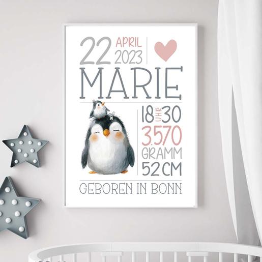  | Geburtsanzeige | Kinderzimmerposter | Namensposter Pinguin | Kunstdruck auf Aquarellpapier | Artikelnummer: 0544-2265-4532 -4