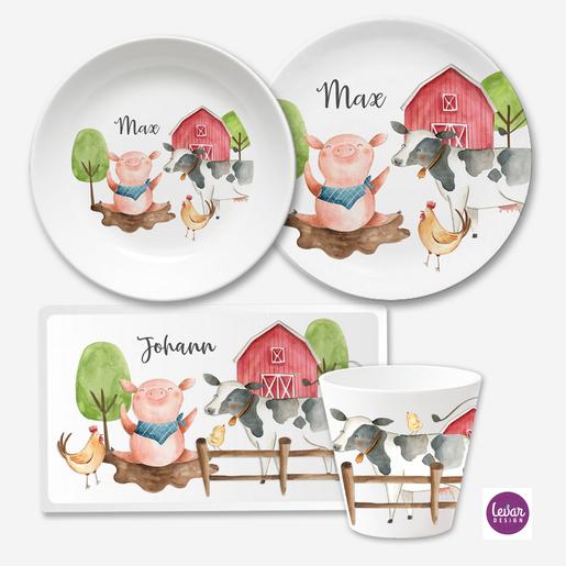 Kindergeschirr Set mit Namen personalisiert, Waldtiere, Fuchs - 4 teilig  | Melamingeschirr BPA frei, hergestellt in Deutschland | Artikelnummer: 2635-0543-3204 -1