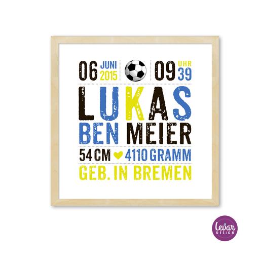 Geburtsanzeige, Taufgeschenk mit Geburtsdaten - Fussball | Personalisiertes Namensbild in Vereinsfarben – Fußball | Baby Geschenk zur Geburt | Artikelnummer: 2387-3414-7476-5