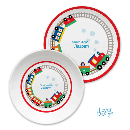 Kindergeschirr Eisenbahn | Kinderteller mit Namen aus Melamin BPA frei | Artikelnummer: kiseteisen1 -1